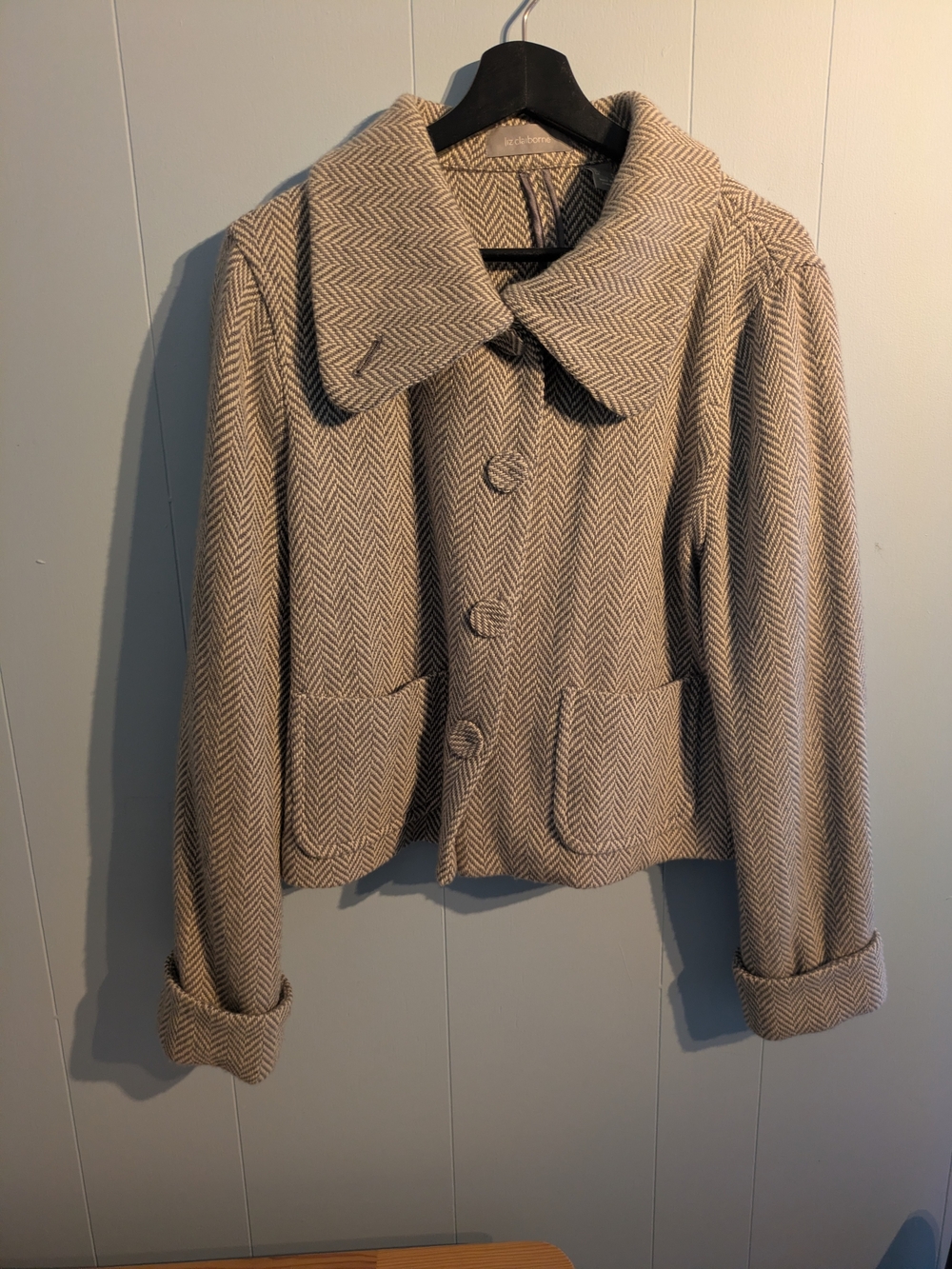 Liz Claiborne Beige Herringbone Button-Front Blazer
